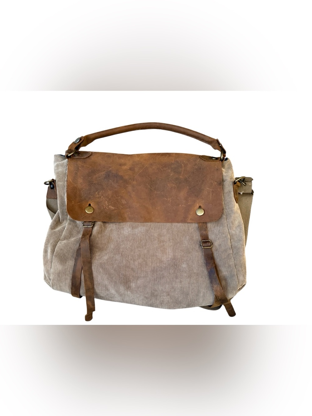 Street Level Men's large tan corduroy & brown Leather Messenger crossbody Bag - Picture 3 of 10